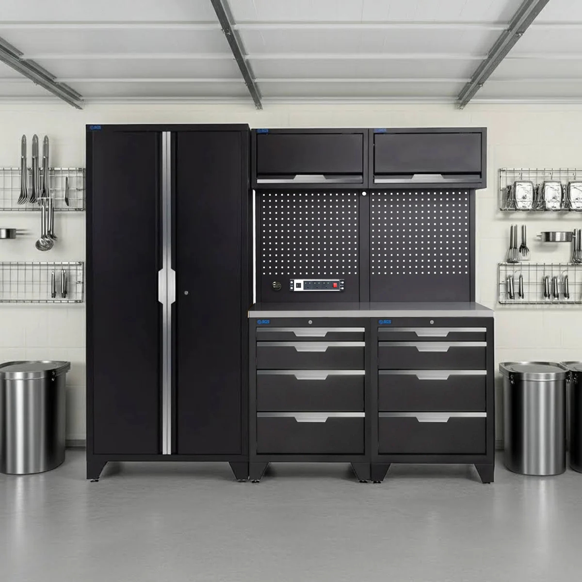 SGS 7pc Modular Garage Storage | 8 Drawers | Stainless Steel Worktop | 2x Upper Cabinets | Tall Double Cabinet | Pegboard with Power Strip